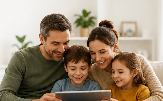 Familie schaut gemeinsam auf ein Tablet